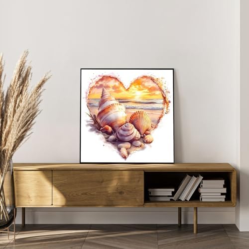 Framed Paint by Numbers Kit for Adults, Heart Seashell Beach Art 10x10 Inch