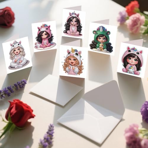 C'eitura 12Pcs Cartoon Girl Diamond Art Painting Greeting Card Kit with Envelopes, DIY Cute Theme Christmas Birthday Thanksgiving Card Making Set, Cute Style Handmade Card Craft