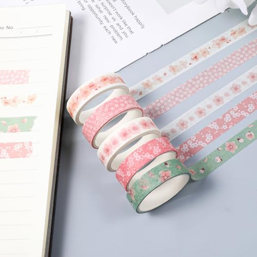 5 Rolls Sakura Washi Tape Set Floral Decorative Tapes Cute Flowers Patterns Tape Japanese Arts Adhesive Tapes Modern Arts Masking Tapess for Art DIY Crafts Journals Scrapbooking Wrapping