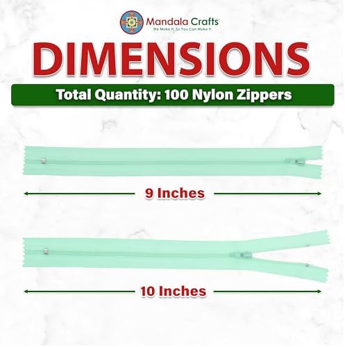 Mandala Crafts 100 PCs Mint Closed-End 9 Inches Nylon Zippers for Sewing