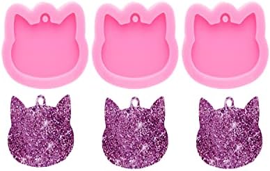 3pc Shiny Pet Cat Tag Mini Cat Head Resin Silicone Molds, Keychain Mould Crafts Epoxy Art DIY Handmade Mold with 10PC Key Ring(DY0869+DY0869+DY0869)