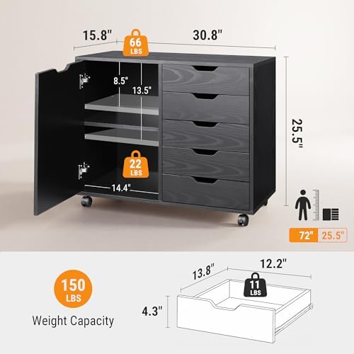 DEVAISE 5-Drawer Wood Drawer Cabinet, Office Storage Cabinet, Black | Craft Storage Cabinet, Under Desk Drawer, Rolling Cart Furniture, Adjustable Shelf & Wheels, Printer Stand, Home Office