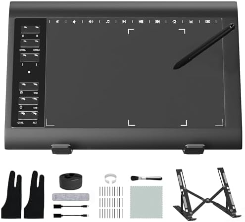 Graphic Drawing Tablet, Digital Sketch,Design for PC and Computer/Pad-12 Hot Keys, Compatible Windows/MAC/Android,The Adjustable Ergonomic Stand,16384 Upgrade Levels Battery-Free Pen,ienRon 10x6.25