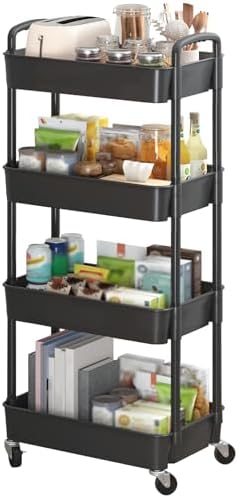 Sywhitta 4-Tier Plastic Rolling Utility Cart with Wheels for Storage, Black