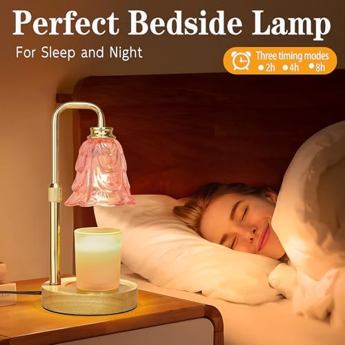 XJZJY Pink Flower Candle Warmer Lamp with Timer, Birthday Gifts for Women | Dimmable wax melt warmer with 2 bulbs for jar candles, height adjustable, pink tulip design, home decor, housewarming gifts