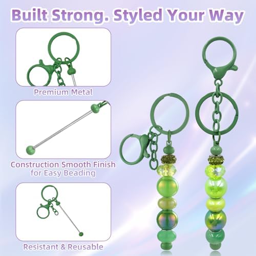 28 Pcs Beadable Keychain Bars - Keychain Making Kit Bulk - Metal Beaded Keychains for Crafting - Diy Key Chain Supplies - Blank Keychains Bars for Beads - Beadable Items (Green)