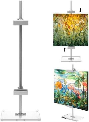 RattanView Adjustable Tabletop Easel Silver Picture Frame Holder Stand up to 16.5" H Metal Floating Picture Rack for Display Easel with Acrylic Base 16 x 5 Frame Holder Stand Table for Art Photo Signs