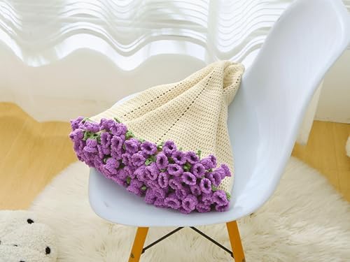 CSWCS Crochet Blanket Kit for Beginners, 40 inches Flower Bouquet Shawl Throw Kits for Adults, Learn How to Knitting with Yarn, Hook & Instructions, Gifts for Women Home Decor (Lily of The Valley Kit)