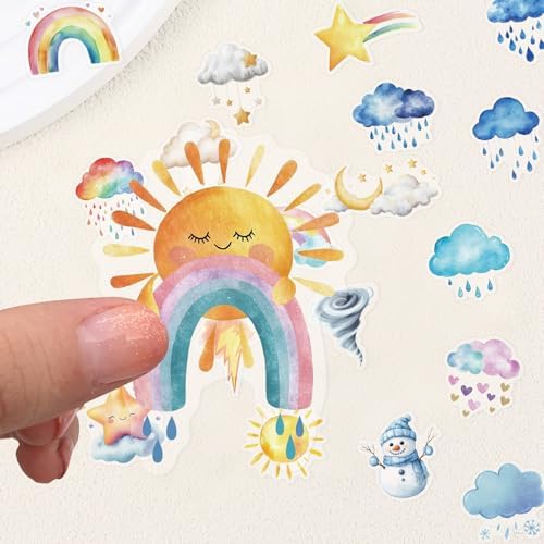 50 Cute Watercolor Weather Stickers for Scrapbooking – Waterproof Clear PET, Weather Decals with Sun, Clouds, Stars, Rainbows & Lightning – Aesthetic Clear Stickers for Journals, Planners, Crafting