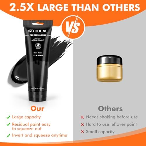 GOTIDEAL Black Acrylic Paint, Mars Black Paint (250ml / 8.45oz) Tube