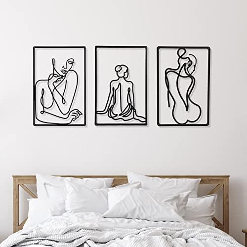 CHENGU 3 Pieces Metal Minimalist Abstract Woman Wall Art Line Drawing Wall Art Decor Single Line Female Home Hanging for Kitchen Bathroom Living Room