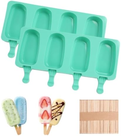 Popsicles Molds, 2Pcs Homemade Cake Pop Molds with Wooden Popsicles Sticks, Reusable Silicone Ice Pop Cream Cakesicle Maker Mold 4 Cavities for Home DIY Craft, Green