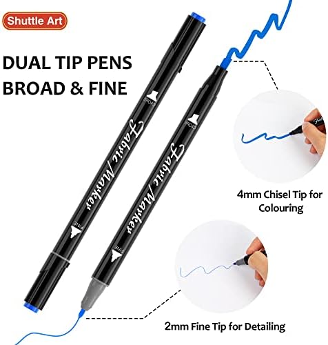Shuttle Art Fabric Markers Pens, 30 Colors Dual Tip Fabric Marker Permanent No Bleed Markers for T-Shirts Sneakers, Non-Toxic & Child Safe Shirt Pens for Adult Painting Writing