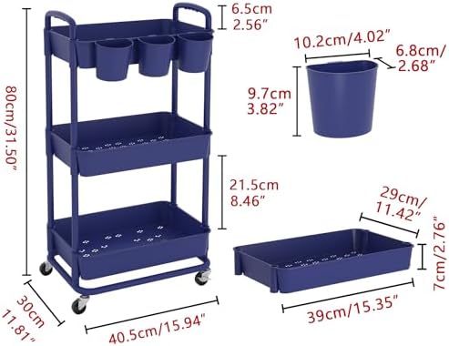 JIUYOTREE 3-Tier Plastic Rolling Storage Cart Utility Cart Blue