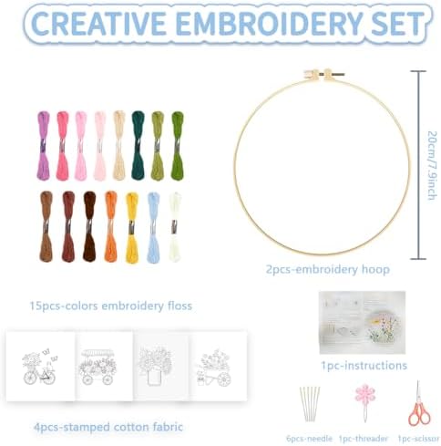 FREEBLOSS 4 Sets Embroidery Kit for Beginners Needlepoint Embroidery Starter Kit with Flower Theme Stamped Patterns, Instructions, Colored Threads, 2 Hoops 20cm/7.9inch