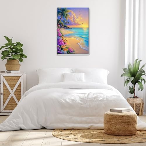 Bowetile Framed Paint by Numbers Sea for Adults Beginners, Adults' Paint-by-Number Landscape Kits, Easy Adult Paint by Number Kits on Canvas, Acrylic Number Painting for Home Decor, 8x12in
