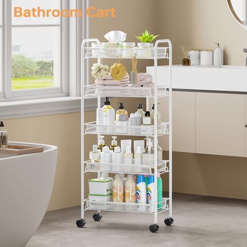 TOOLF 5 Tier Rolling Cart, Metal Utility Storage Cart with Wheels, White | 3 Hooks, Screwless Assembly, Trolley Organizer for Bathroom, Kitchen, Office, Nursery, Dorm, Laundry Room