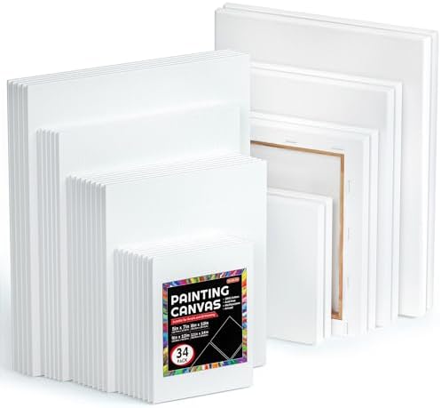 Shuttle 34-Pack Art Canvas for Painting, Multi-Size Stretched Canvas & Canvas Panels, 5x7/8x10/9x12/11x14 Inch 100% Cotton, Primed Blank Canvases, Ideal Art Supplies for Acrylic Oil Painting