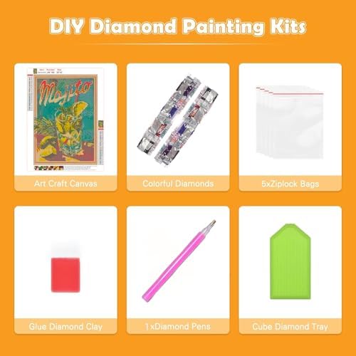 Retro Cocktail Diamond Art Kits for Adults, Mojito Diamond Painting Kit Adults for Beginners, Round 5D DIY Dimond art,Full Drill Painting Kit Art and Crafts for Adults Home Wall Decor【11.8x15.7inch】