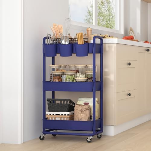JIUYOTREE 3-Tier Plastic Rolling Storage Cart Utility Cart Blue
