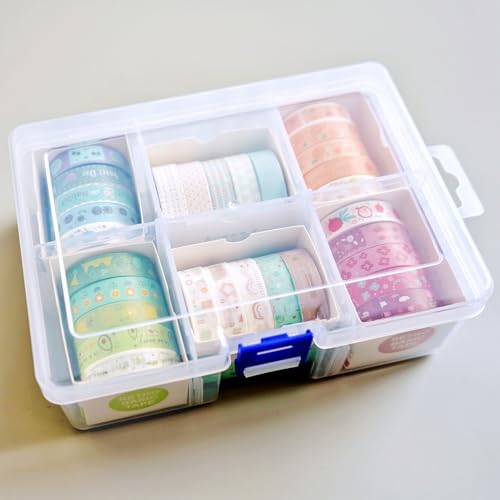 30 Pack Mini Washi Tape Set (10mm×2m) for Scrapbook Supplies with Adjustable 6-Grid Transparent Organizer, Japanese Paper Craft Tape for Journaling, DIY, Gift Wrapping