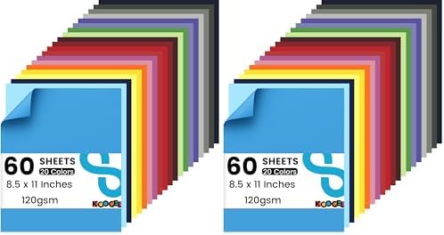 Koogel 60 Sheets Construction Paper, Colored Paper for Kids, Back to School Supplies, Classroom Must Haves, 20 Assorted Colors, 120gsm/ 32lb, 8.5 x 11 (Pack of 2)