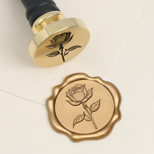UNIQOOO 3D Embossed Relief Rose Flowers Wax Seal Stamp with Wooden Handle, Floral Botanical Theme Vintage Brass Stamp for Wedding Invitation, DIY, Gift Wrap, Envelopes, Christmas Card