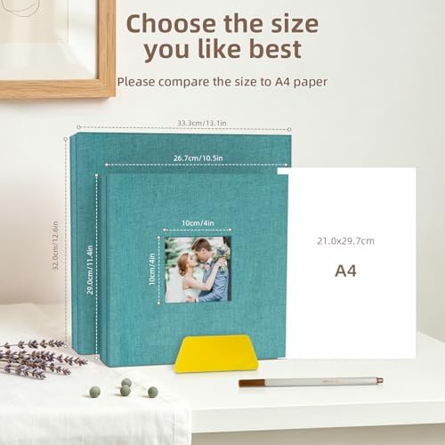 Popotop Photo Album Self Adhesive with Picture Display Window,60 Pages DIY Scrapbooking Supplies Kit for 4x6 10x12 Picture,Linen Cover Memory Book for Baby Wedding, with Scraper and Metallic Pen