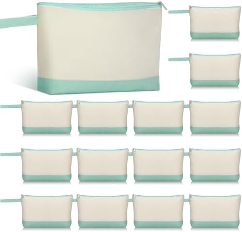 Silkfly 15 Pcs Cotton Canvas Makeup Bags Cosmetic Zipper Bags 10.2 x 5.5 x 2'' Blank DIY Pouch Bulk Pencil Case with Bottom Travel Toiletry Pouch for Women Craft Decor Gift (Beige and Green)