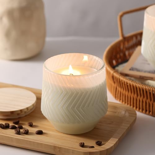 6 Pcs 13.5 OZ Creamy Large Candle Jars for Making Candles, Ribbed Unique Candle Jars, Glass Jars with Wooden Lids and Labels for Candle Making Supplies, Container, Home Decor, Gift
