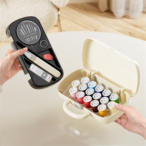 FKOG Sewing Project Kit, 151 Pcs Family Sewing Supplies Repair Organizer with Portable Retro Hard-Shell Case, 16 Multicolor Thread Spools, Needles, Buttons, and Accessories (Creamy White)