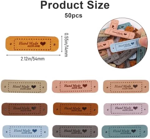 50 PCS Handmade Tags for Crochet Handmade Leather Labels Faux Handmades with Love Leather Tags for Handmades Items Embellishment Knit Accessories with Hole for DIY Crafts Sewing Crochet Knitting Hats