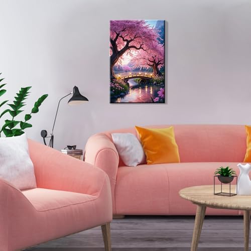 JOOZ Paint by Numbers Kit for Adults with Frame Sakura Paint by Number with Easel Tree Adult Paint by Number Kits Framed Canvas Mountain Waterfall Oil Painting Kits for Gift Home Wall Decor 8x12 Inch