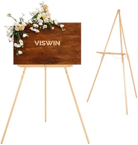 VISWIN 63" Easel Stand for Wedding Signs, Adjustable Wooden Display Easel with Holder, Tripod Floor Easel for Welcome Board, Poster, Picture, Photos, Paintings - Natural