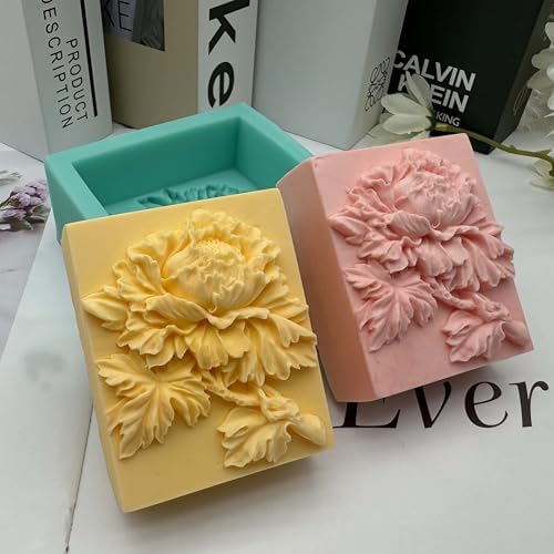 3D Peony Soap Mold Rectangle Delicate Flower Silicone Soap Molds for Soap Bar Making Lotion Bar Scented Candle Aromatherapy Plaster Mould Cake Decoration Fondant Ice Cube Moulds