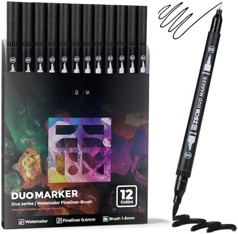 Black Duo Tip Marker Pens, 12 Fine & Brush Tip Pen For Adult Coloring Books