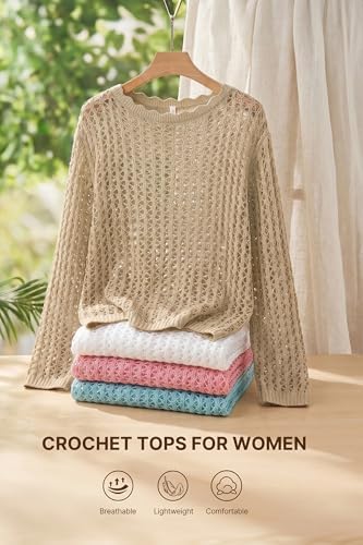 EVALESS Crochet Tops for Women Long Sleeve Hollow Out Knit Sweaters