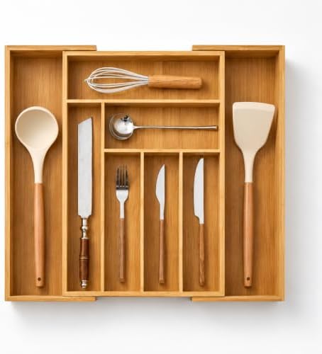 Bamboo Expandable Silverware Drawer Organizer, Utensil Tray