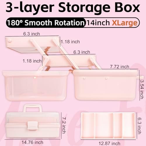TERGOO 14in 3-Layer Multipurpose Craft Organizers and Storage with Adjustable Dividers, Portable Tackle Box, Folding Art & Craft Case for Medicine, Tool, Sewing Organizer (Pink, X-Large)