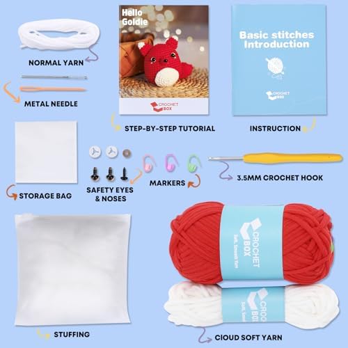 Crochet Kit for Beginners - Fox Crochet Kit, Learn to Crochet, All You Need in, Step-by-Step Video Tutorial, Instruction, Soft Yarn, Holiday, Birthday Gift for Adults, Teens