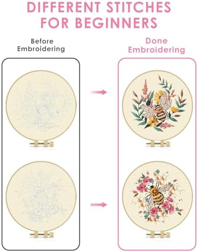 TINDTOP 2 Pack Embroidery Kit for Adult, Embroidery DIY Starter Kit, with Stamped Patterns, Hoop, Tools, Colorful Threads with Needles, Instructions (Bee)