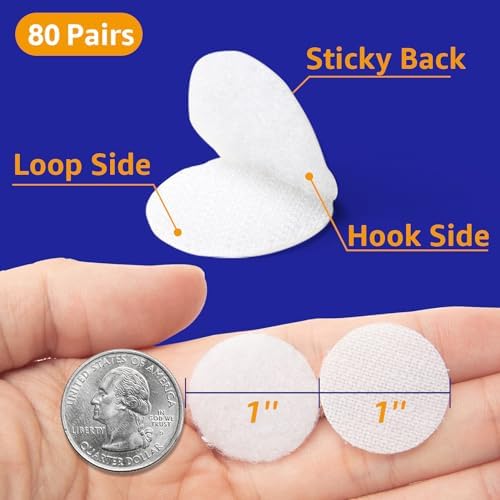 160pcs (80 Pairs) 0.98" Diameter Self Adhesive Dots White, Hook & Loop Dots Sticky Back Coins for School, Classroom, Office, Home, Mounting, Arts and Crafts