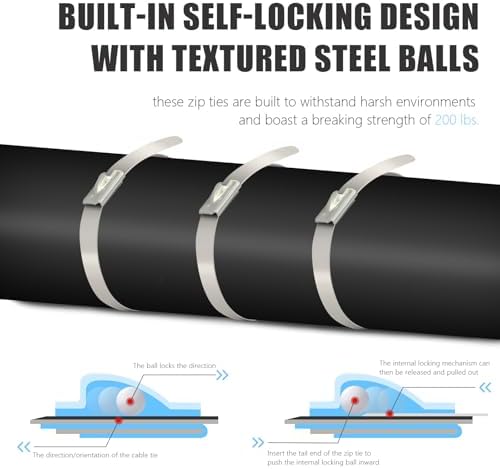 Heavy Duty Banding Strapping kit Contain 100Pcs 0.18"x 11.8" 304 Stainless Steel Zip Ties Self-Locking & Tensioner with Cutter Tool Glove