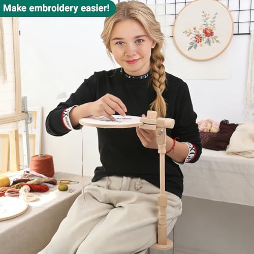 Airo Beech Adjustable Embroidery Hoop Stand,Embroidery Holder Stand,Cross Stitch Stand,Embroidery Stand with 2pcs Embroidery Hoops (6inch + 8inch), Rotatable, Tool-Free Installation