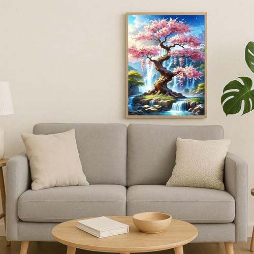 TYPUSOK Waterfall Diamond Art Kits for Adults,Round Full Drill 5D Diamond Painting Kits for Beginners,Cherry Blossoms DIY Diamond Dots Pictures Gem Art Kit,Home Wall Decor 12x16in