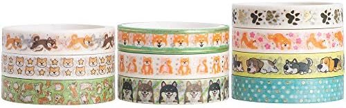 YUBBAEX 10 Rolls Sparkling Washi Tape Set 8mm Skinny Gold Foil Decorative Masking Washi Tapes for Journal,Scrapbook, Planner, DIY Crafts (Cartoon Doggy)