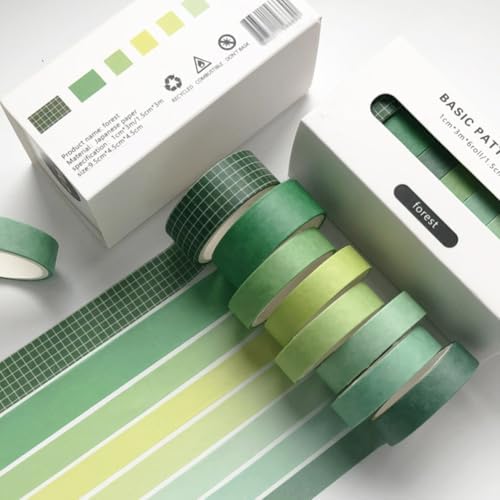 8 Rolls Washi Tape Set Basic Solid Color Green Plaid Grid Adhesive Decoration Label Masking Tapes for DIY Journaling Scrapbook Planners Art Craft Album Scrapbooking Collage Water Bottles
