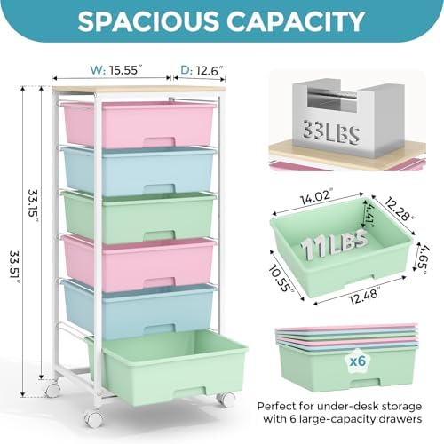 6 Drawer Rolling Storage Cart with Wooden Top and Wheels for Craft Rainbow