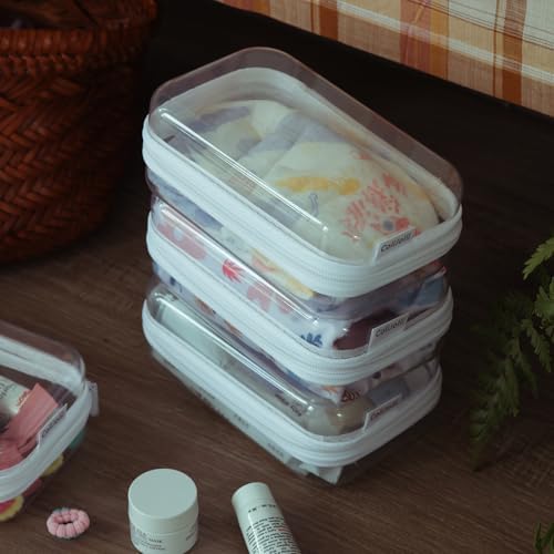 CoiiJoii Zippered Pouch Hard, Clear Zippered Hard Pouch, Stackable Storage Bins, Portable Clear Bin Zipper (White, Small)