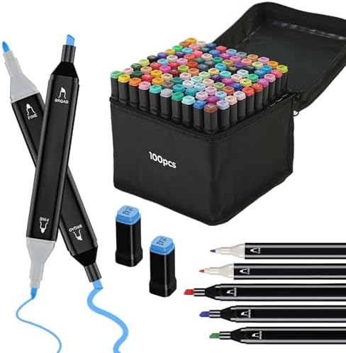 100 Colors Dual Tip Alcohol Markers, Dual Tips Art Markers, Permanent Sketch Marker Set for Adults Coloring, Painting, Sketching, Illustrations
